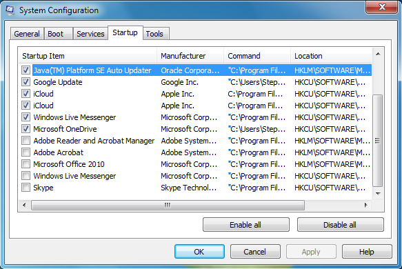 The Startup tab in the System Configuration window.